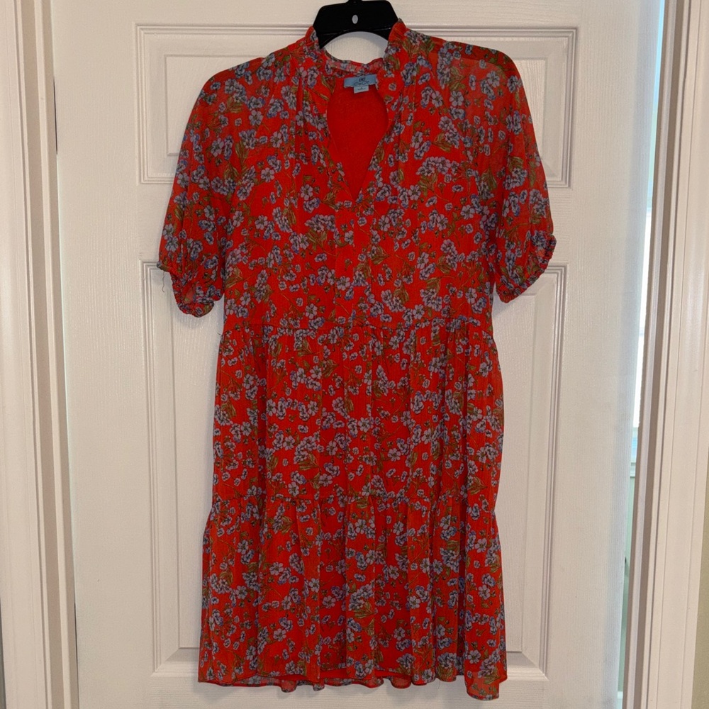 CeCe Red Floral V-Neck Short Sleeve Tiered Dress